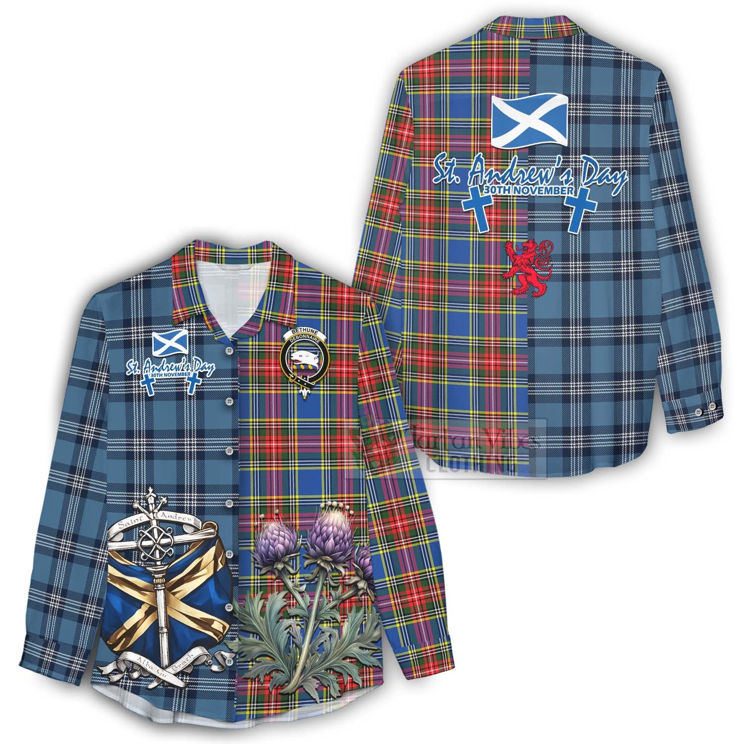 Tartan Vibes Clothing Bethune Tartan Women's Casual Shirt Happy St. Andrew's Day Half Tartan Style