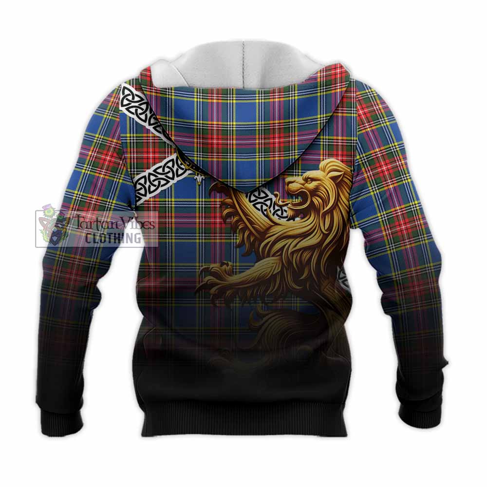 Tartan Vibes Clothing Bethune Crest Tartan Knitted Hoodie with Golden Lion Emblem Celtic Style