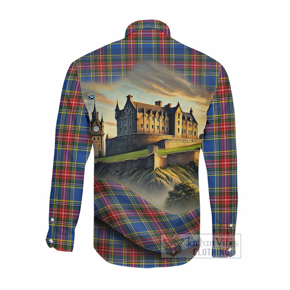 Tartan Vibes Clothing Bethune Tartan Family Crest Long Sleeve Button Shirt with Scottish Ancient Castle Style