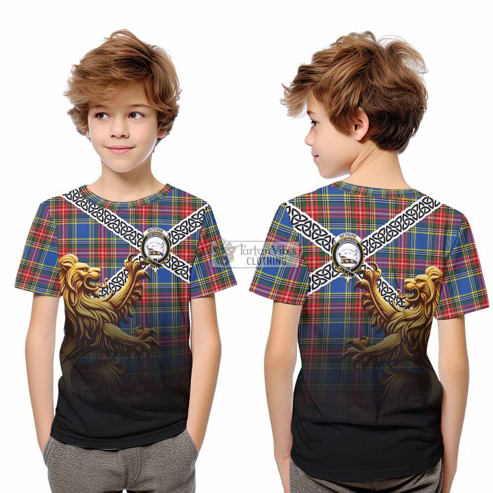 Tartan Vibes Clothing Bethune Crest Tartan Kid T-Shirt with Golden Lion Emblem Celtic Style