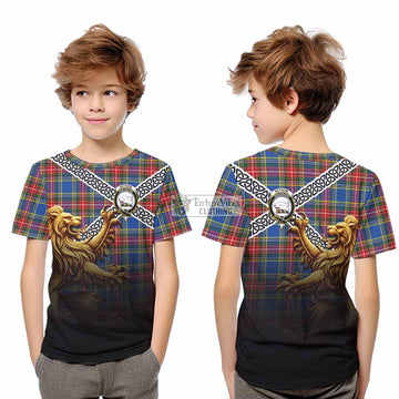 Tartan Vibes Clothing Bethune Crest Tartan Kid T-Shirt with Golden Lion Emblem Celtic Style