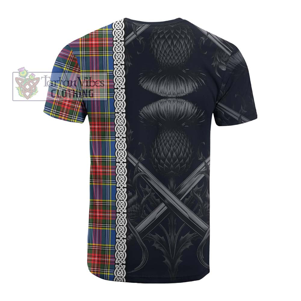 Tartan Vibes Clothing Bethune Tartan Cotton T-shirt with Family Crest Cross Sword Thistle Celtic Vibes