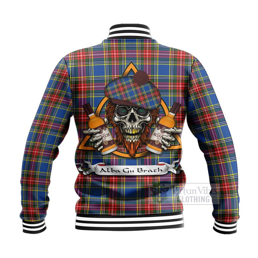 Tartan Vibes Clothing Bethune Tartan Baseball Jacket with Family Crest and Bearded Skull Holding Bottles of Whiskey