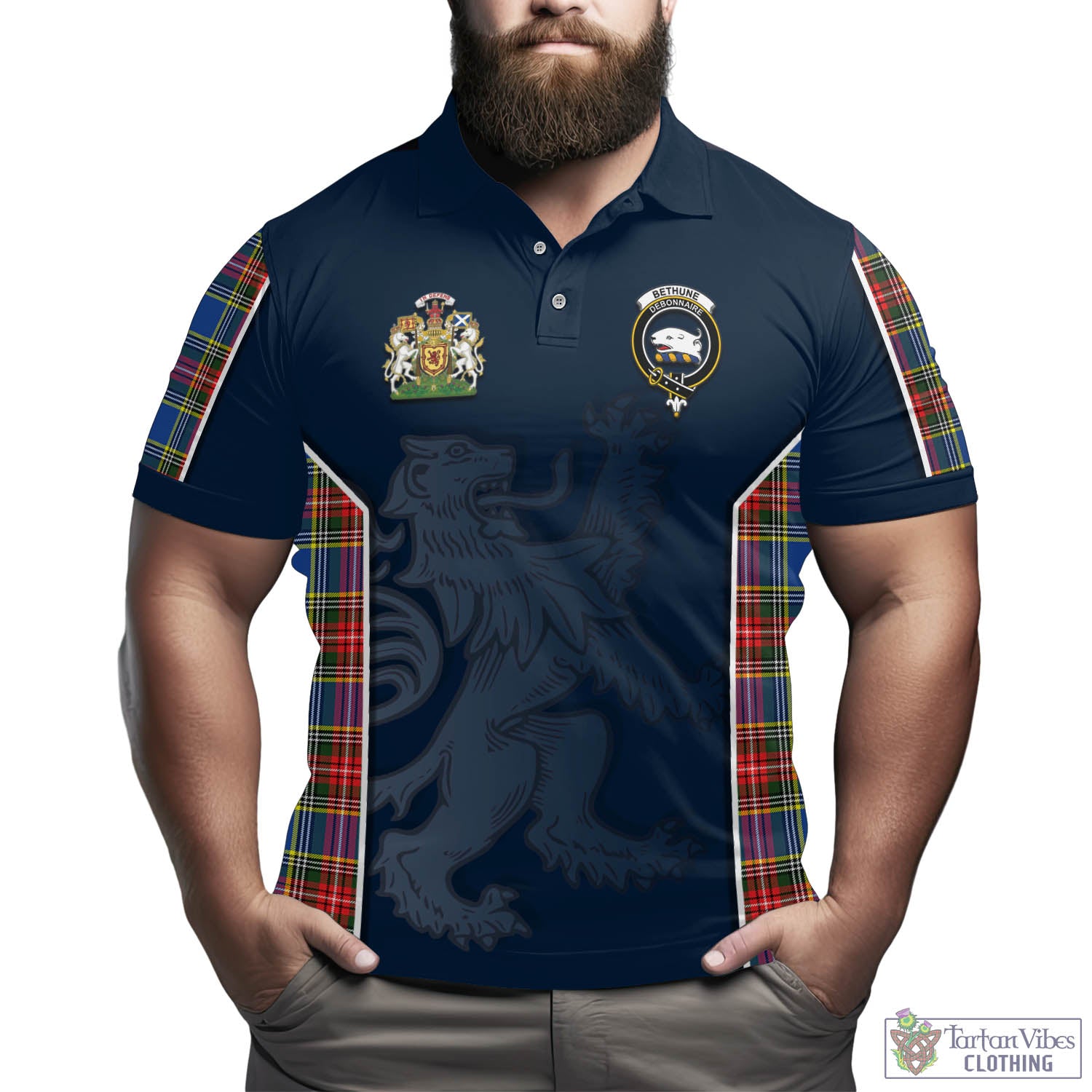 Tartan Vibes Clothing Bethune Tartan Men's Polo Shirt with Family Crest and Lion Rampant Vibes Sport Style