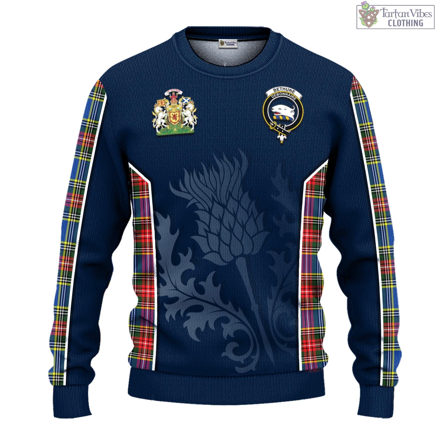 Tartan Vibes Clothing Bethune Tartan Knitted Sweatshirt with Family Crest and Scottish Thistle Vibes Sport Style