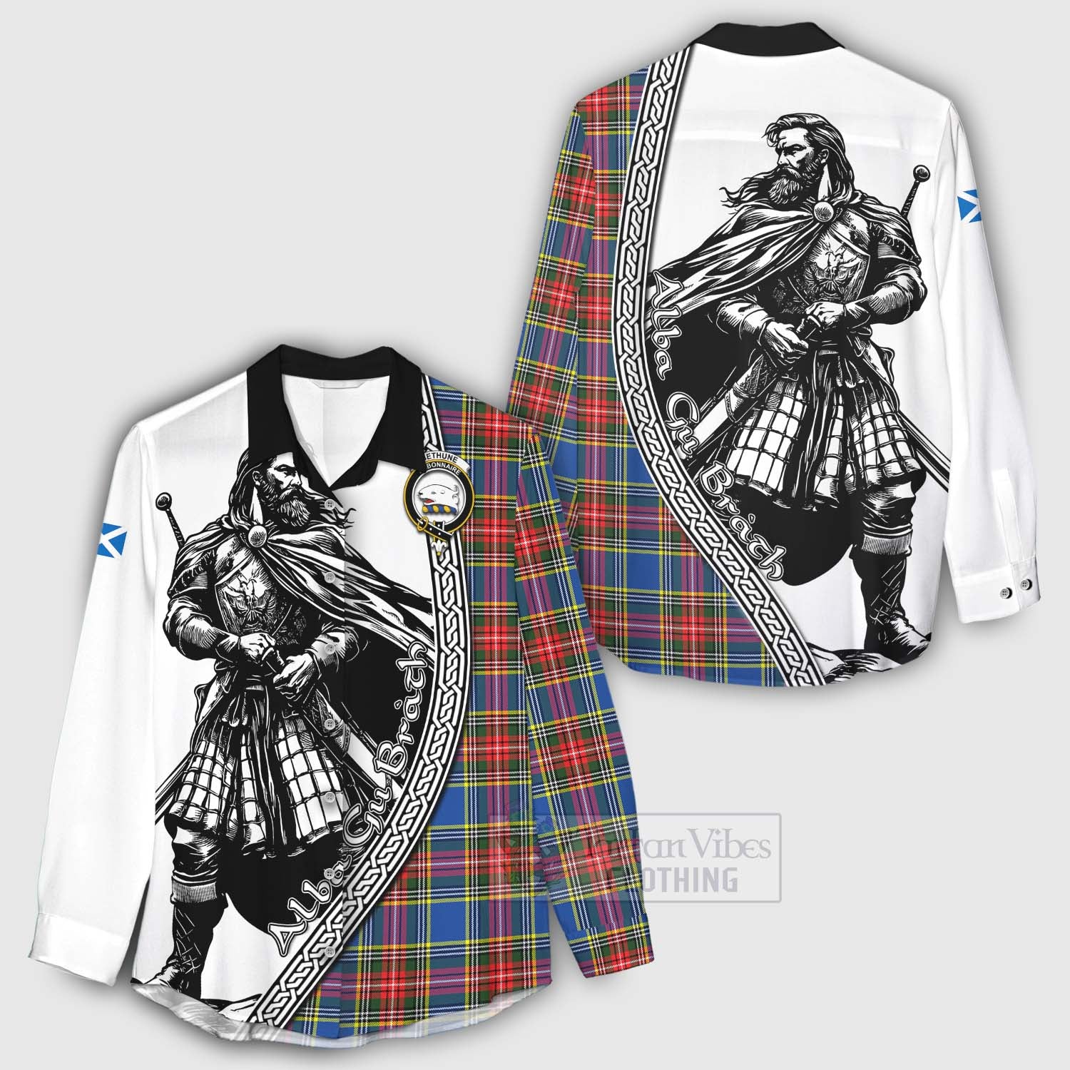 Tartan Vibes Clothing Bethune Tartan Clan Crest Women's Casual Shirt with Highlander Warrior Celtic Style