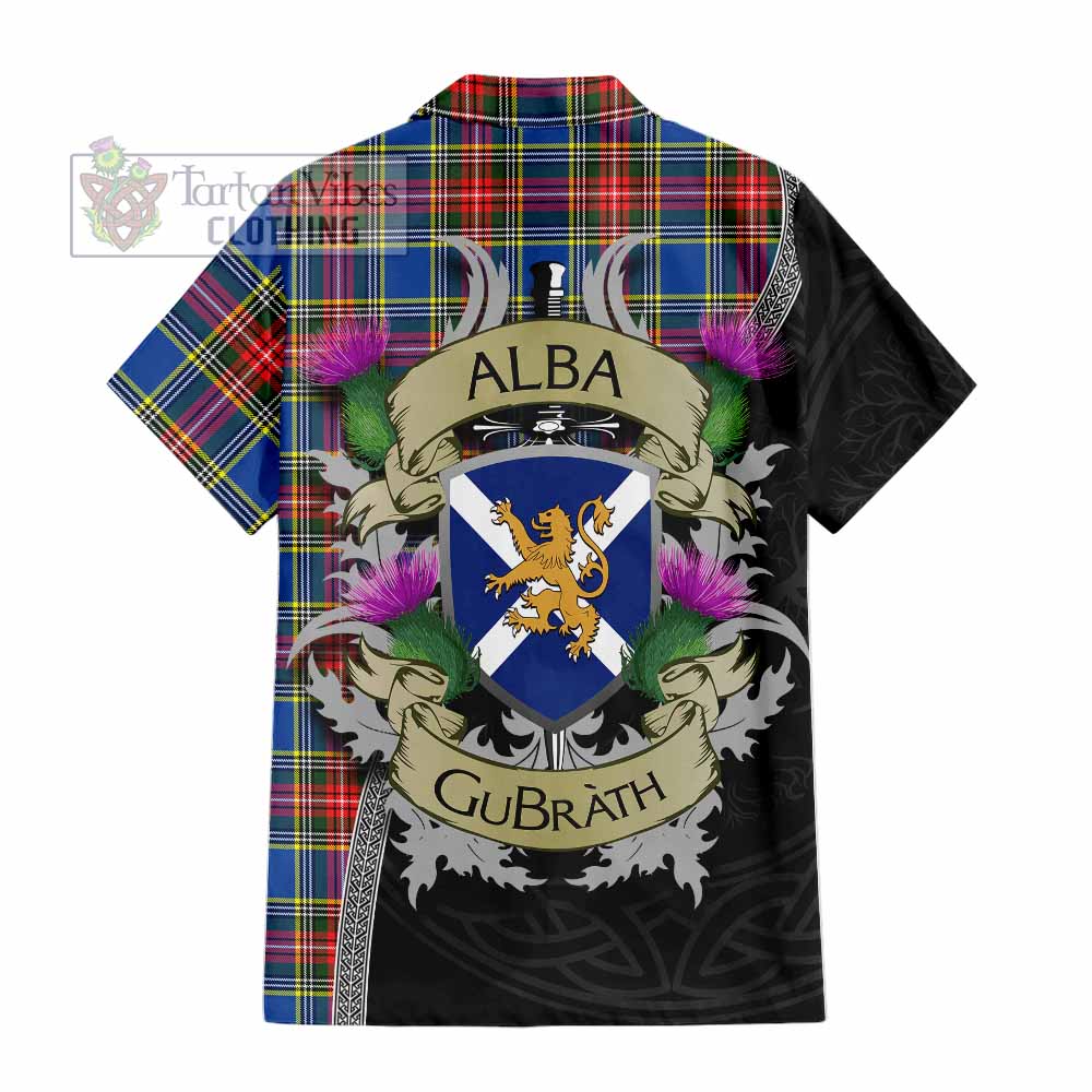 Tartan Vibes Clothing Bethune Tartan Family Crest Short Sleeve Button Shirt Lion Rampant Royal Thistle Shield Celtic Inspired
