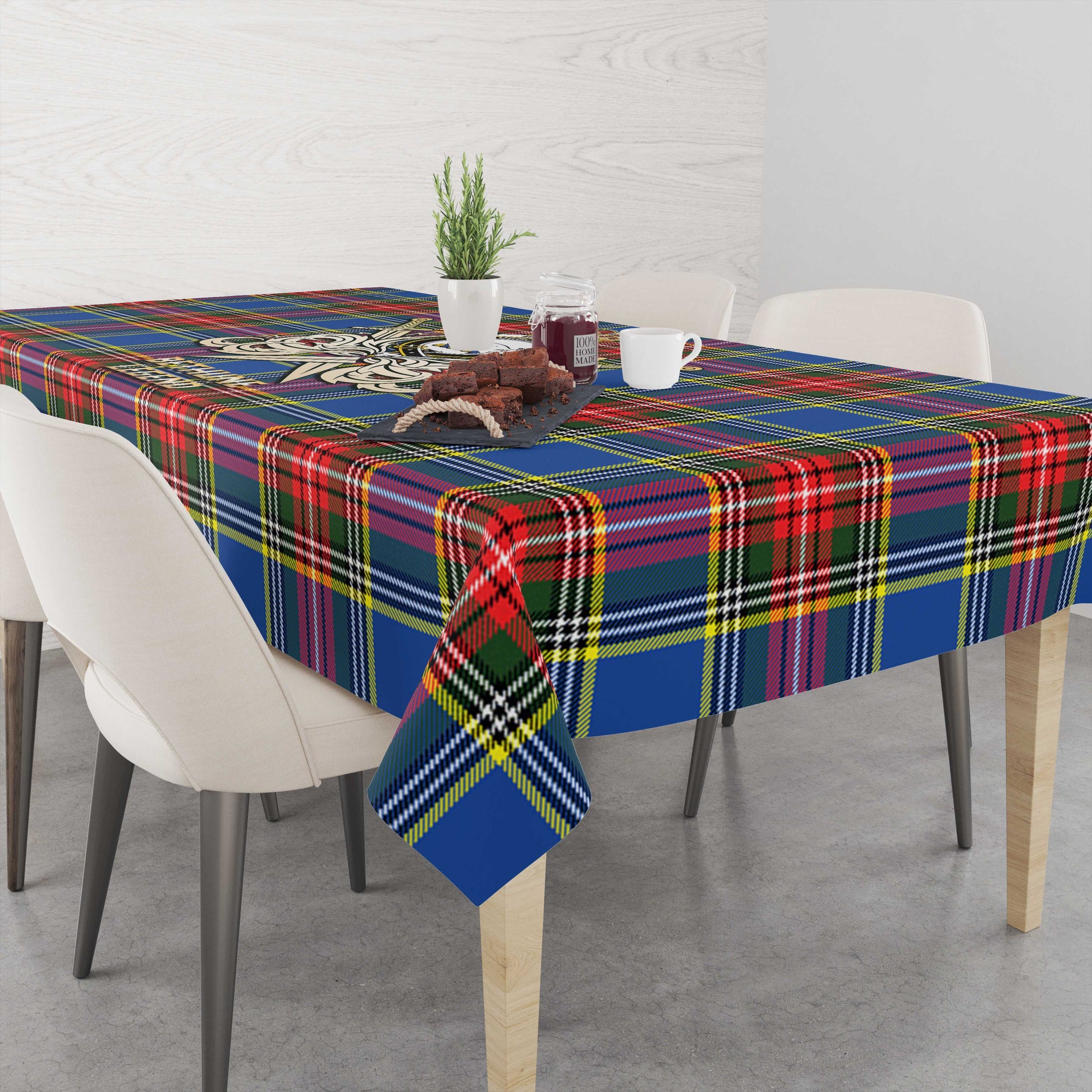 Tartan Vibes Clothing Bethune Tartan Tablecloth with Clan Crest and the Golden Sword of Courageous Legacy