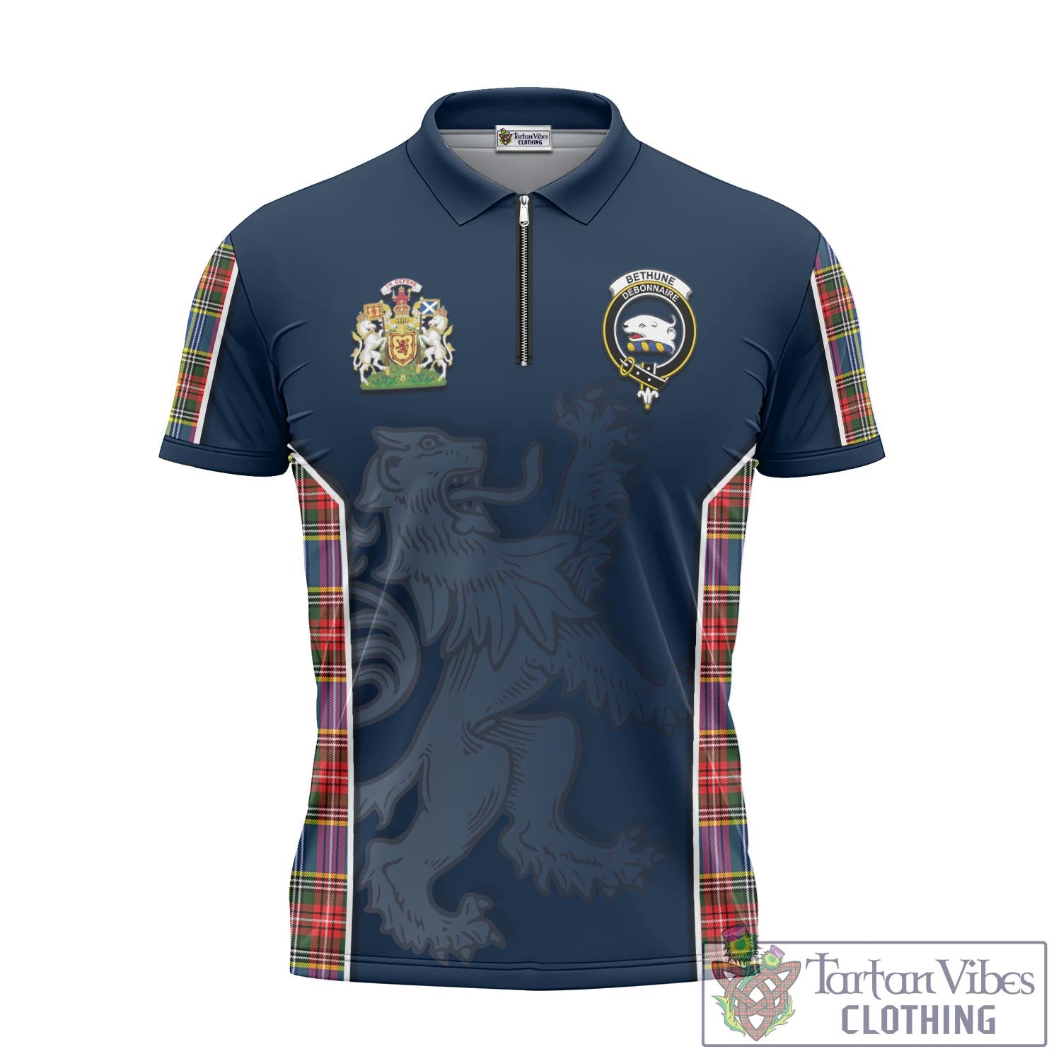 Tartan Vibes Clothing Bethune Tartan Zipper Polo Shirt with Family Crest and Lion Rampant Vibes Sport Style
