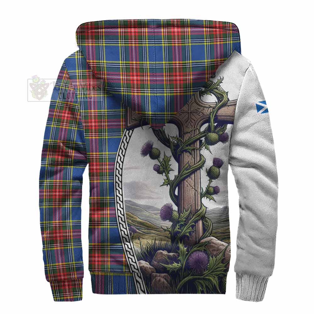 Tartan Vibes Clothing Bethune Tartan Sherpa Hoodie with Family Crest and St. Andrew's Cross Accented by Thistle Vines