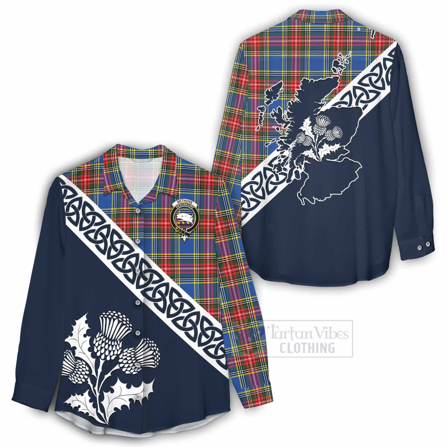 Tartan Vibes Clothing Bethune Tartan Women's Casual Shirt Featuring Thistle and Scotland Map