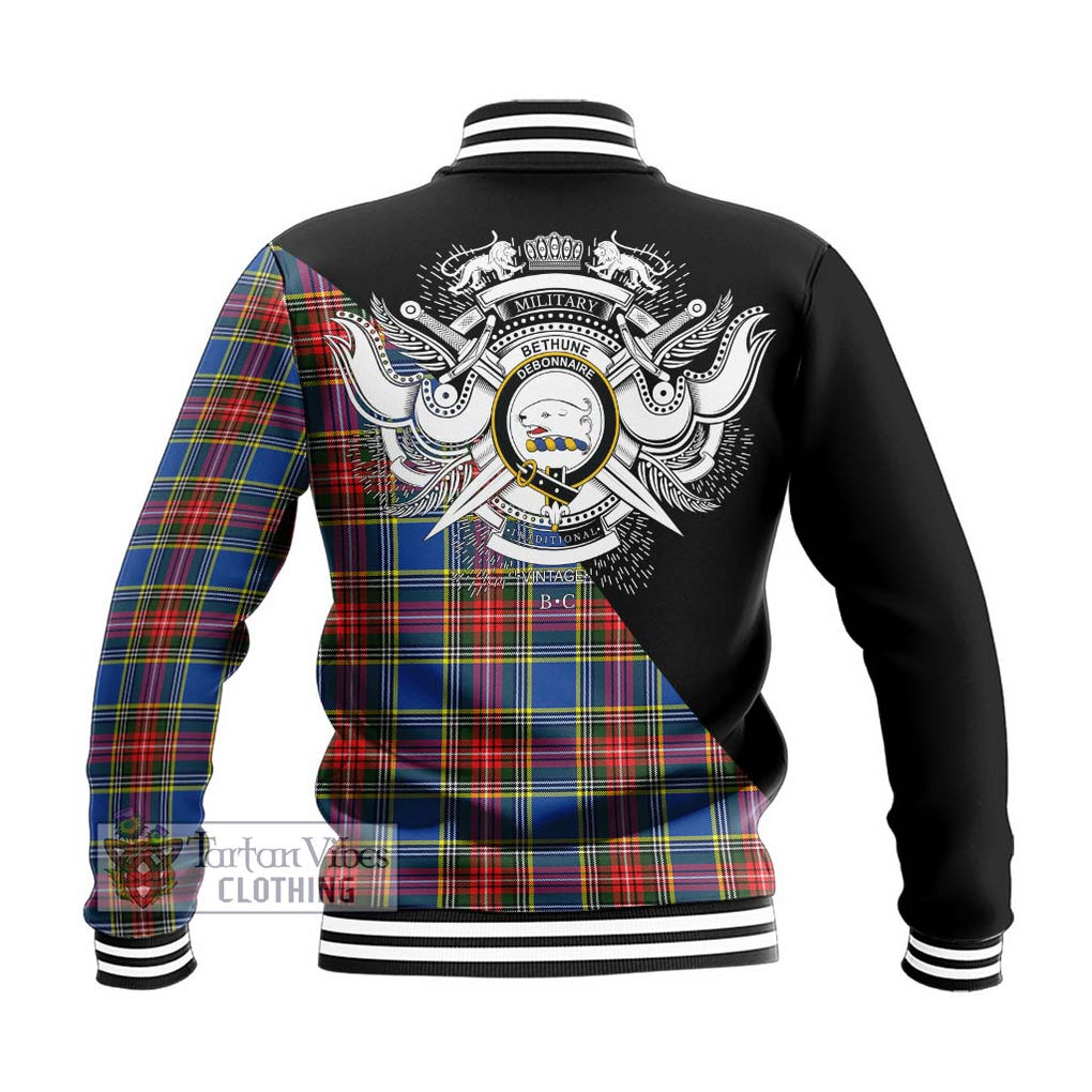 Bethune Tartan Baseball Jacket with Family Crest and Military Logo Style - Tartanvibesclothing Shop
