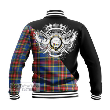 Bethune Tartan Baseball Jacket with Family Crest and Military Logo Style - Tartanvibesclothing Shop
