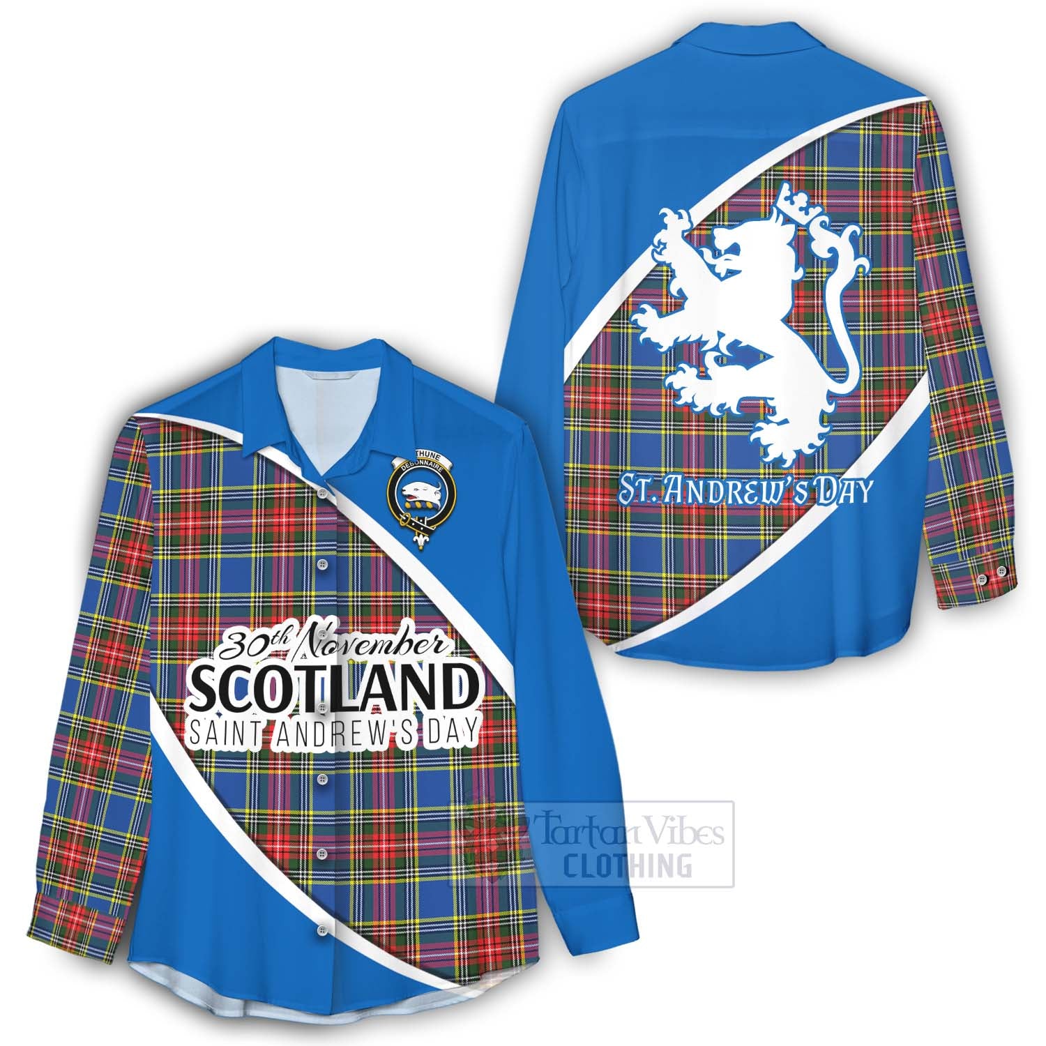 Tartan Vibes Clothing Bethune Family Crest Tartan Women's Casual Shirt Celebrate Saint Andrew's Day in Style