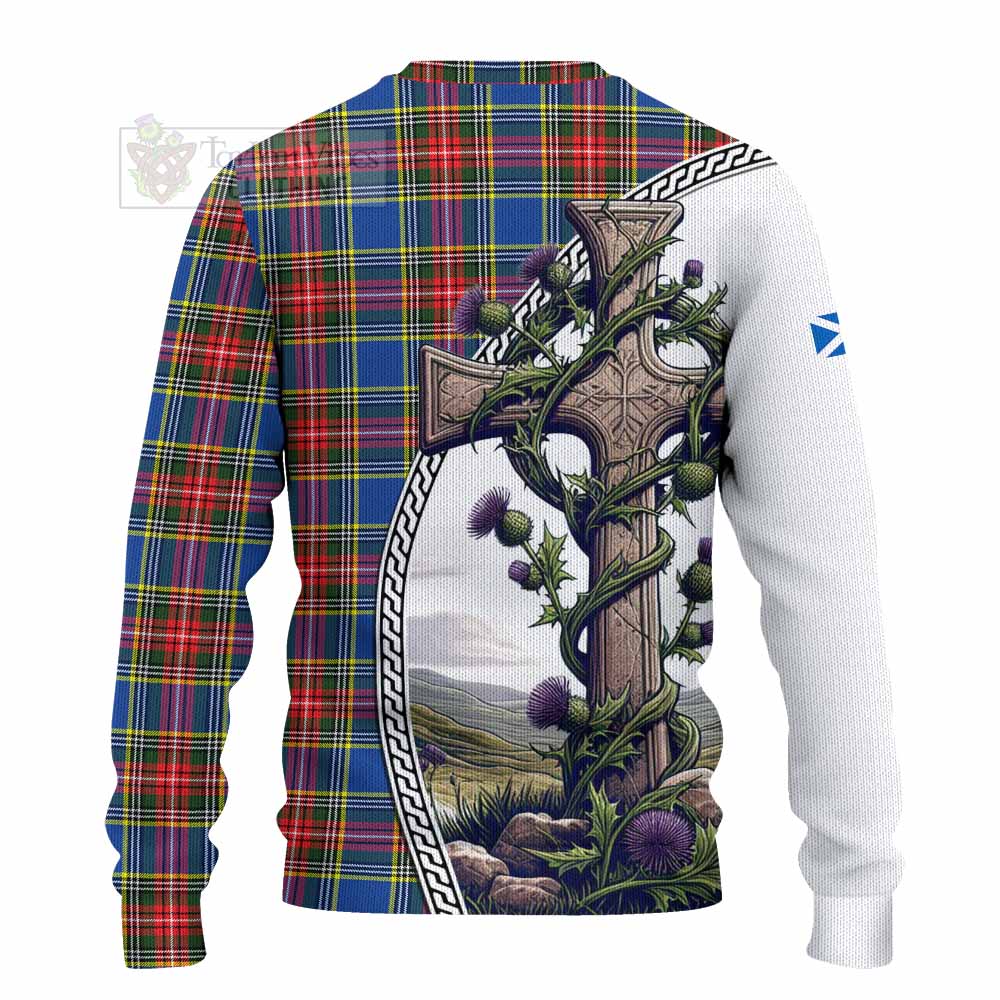 Tartan Vibes Clothing Bethune Tartan Knitted Sweater with Family Crest and St. Andrew's Cross Accented by Thistle Vines