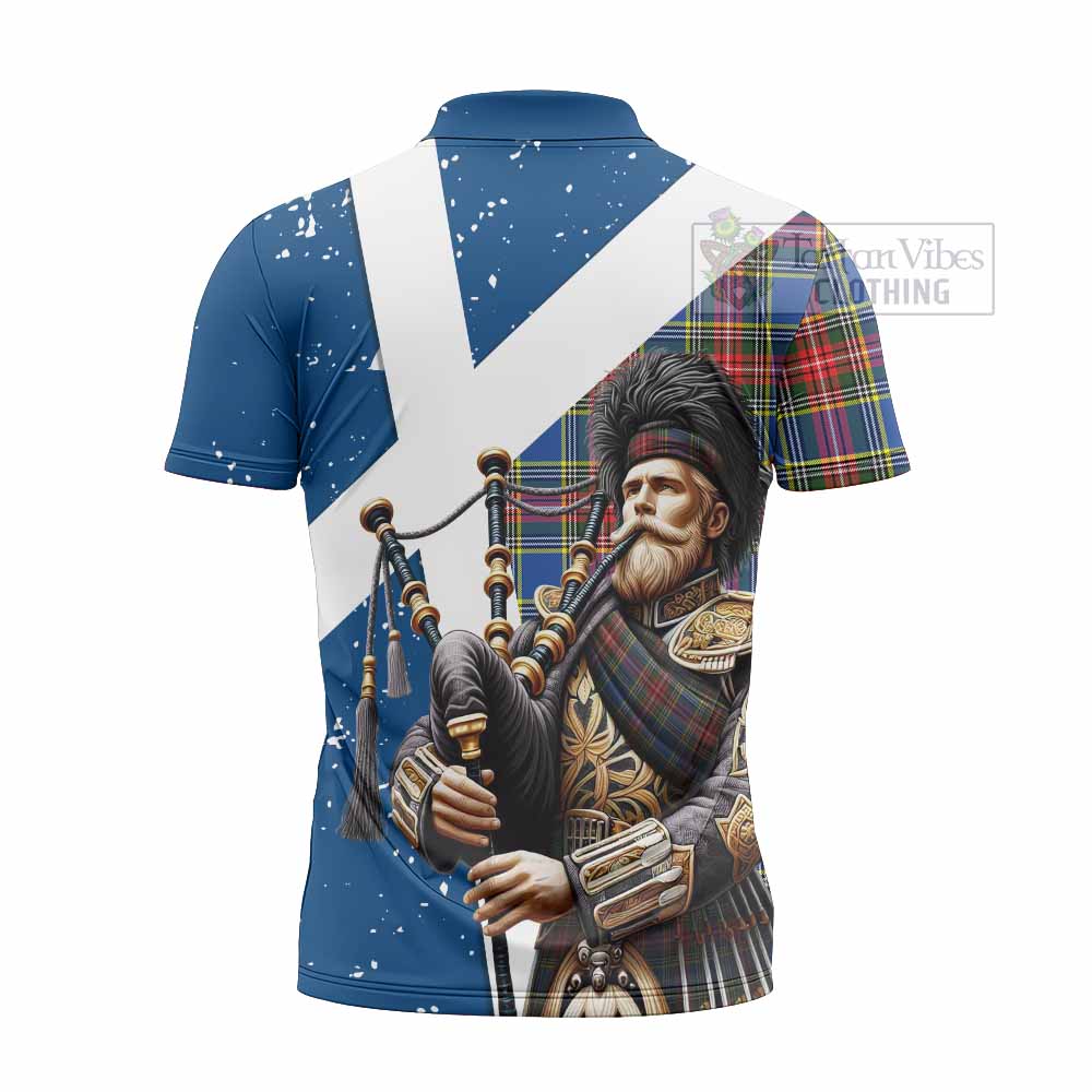 Tartan Vibes Clothing Bethune Tartan Zipper Polo Shirt with Family Crest Scottish Bagpiper Vibes