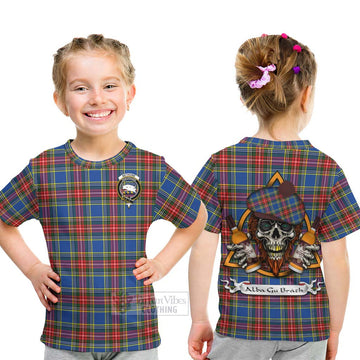 Tartan Vibes Clothing Bethune Tartan Kid T-Shirt with Family Crest and Bearded Skull Holding Bottles of Whiskey