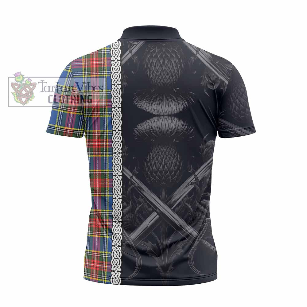 Tartan Vibes Clothing Bethune Tartan Zipper Polo Shirt with Family Crest Cross Sword Thistle Celtic Vibes