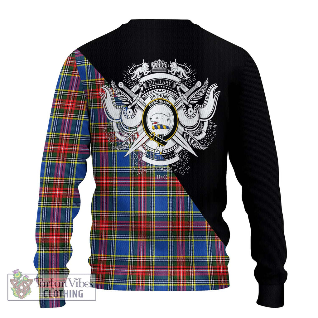 Bethune Tartan Knitted Sweater with Family Crest and Military Logo Style - Tartanvibesclothing Shop