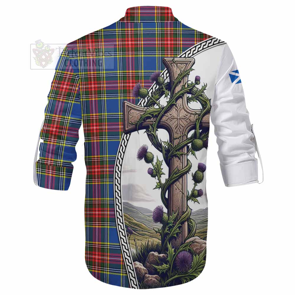 Tartan Vibes Clothing Bethune Tartan Ghillie Kilt Shirt with Family Crest and St. Andrew's Cross Accented by Thistle Vines