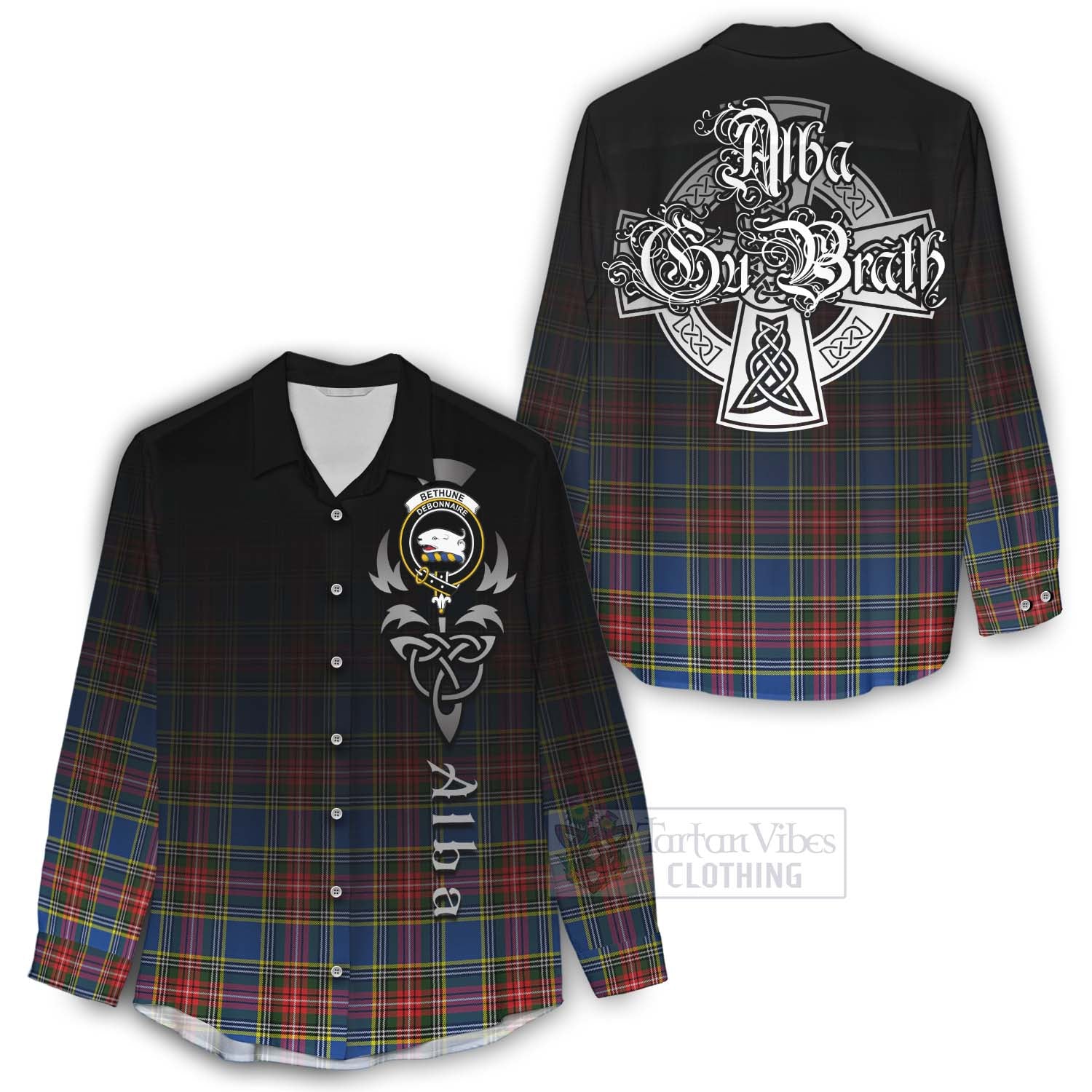 Tartan Vibes Clothing Bethune Tartan Women's Casual Shirt Featuring Alba Gu Brath Family Crest Celtic Inspired