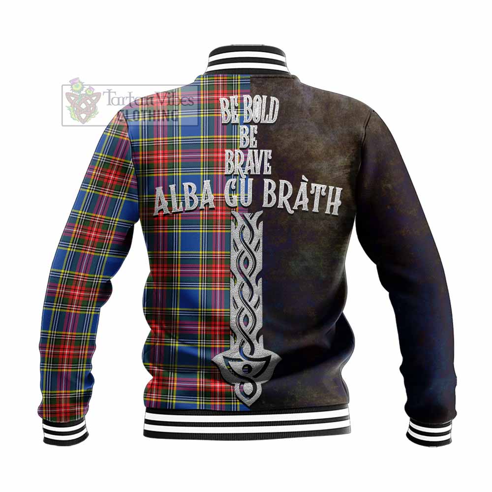 Tartan Vibes Clothing Bethune Tartan Family Crest Baseball Jacket Alba Gu Brath Be Brave Lion Ancient Style