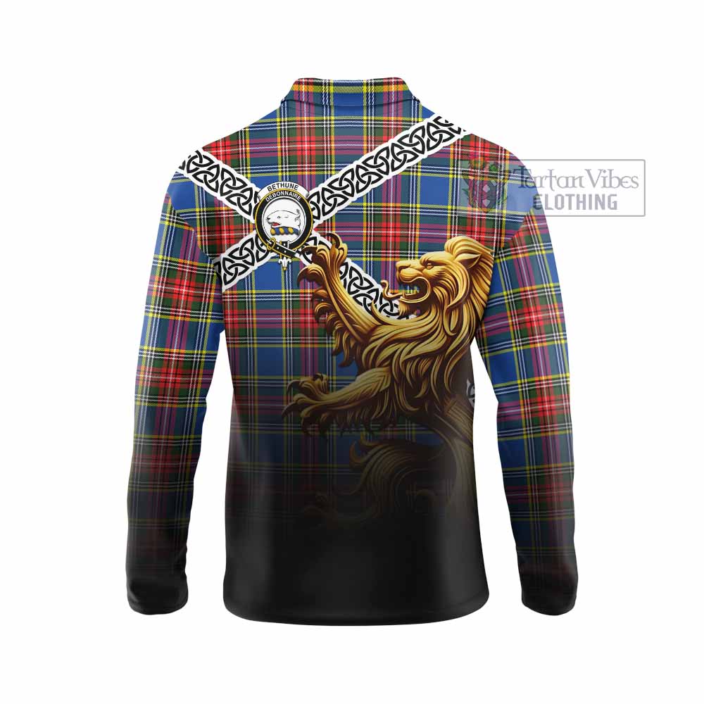 Tartan Vibes Clothing Bethune Crest Tartan Long Sleeve Polo Shirt with Golden Lion Emblem Celtic Style
