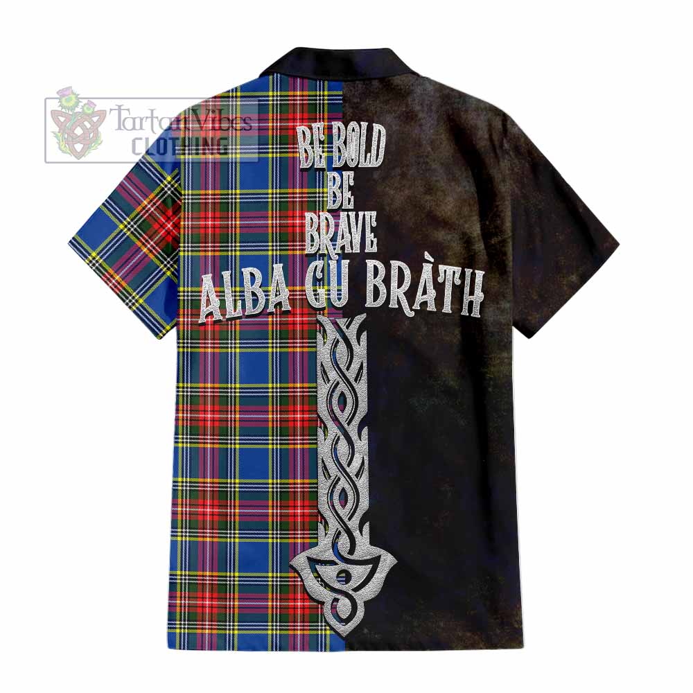 Tartan Vibes Clothing Bethune Tartan Family Crest Short Sleeve Button Shirt Alba Gu Brath Be Brave Lion Ancient Style