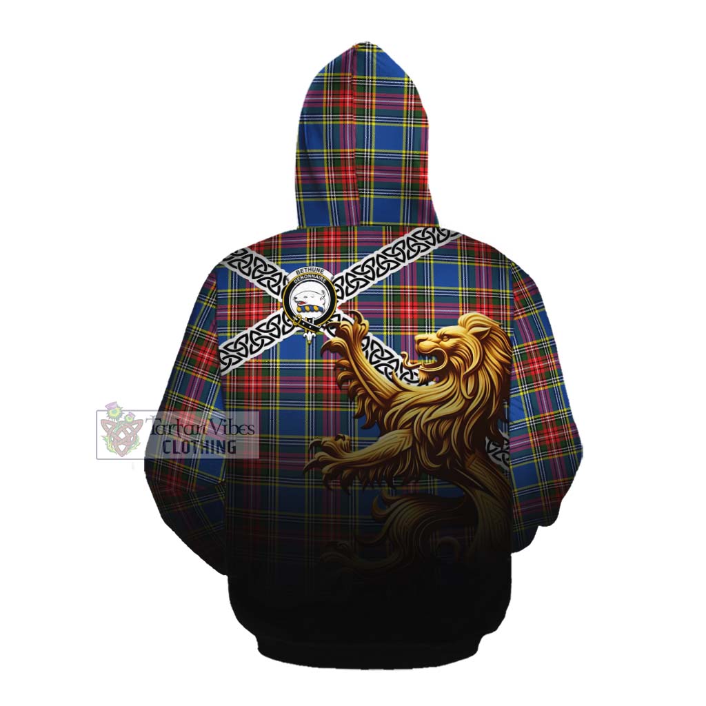 Tartan Vibes Clothing Bethune Crest Tartan Cotton Hoodie with Golden Lion Emblem Celtic Style