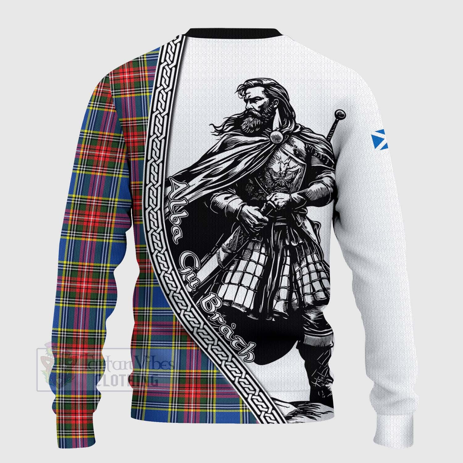 Tartan Vibes Clothing Bethune Tartan Clan Crest Knitted Sweater with Highlander Warrior Celtic Style