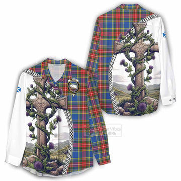 Bethune Tartan Women's Casual Shirt with Family Crest and St. Andrew's Cross Accented by Thistle Vines