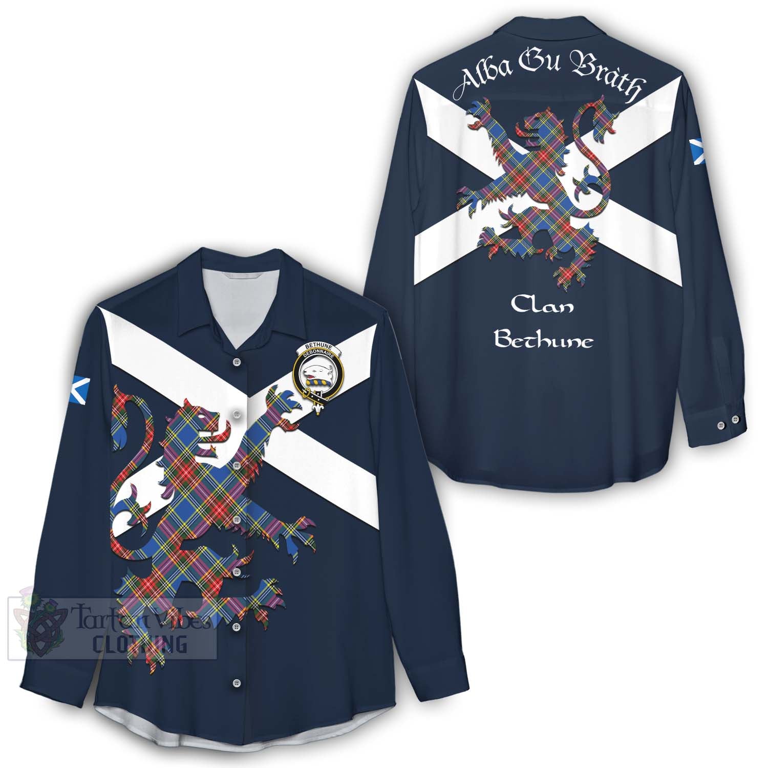 Tartan Vibes Clothing Bethune Tartan Lion Rampant Women's Casual Shirt Proudly Display Your Heritage with Alba Gu Brath and Clan Name