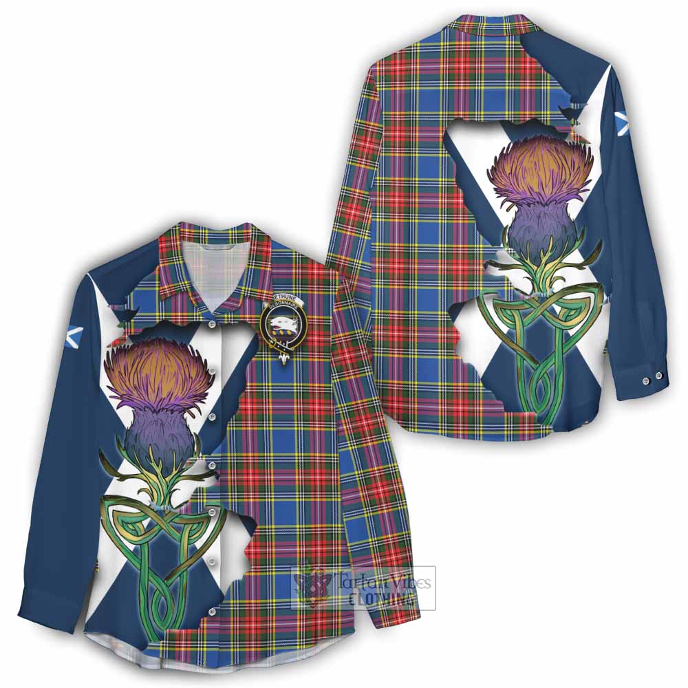 Tartan Vibes Clothing Bethune Tartan Family Crest Women's Casual Shirt Scottish Thistle Celtic Inspired