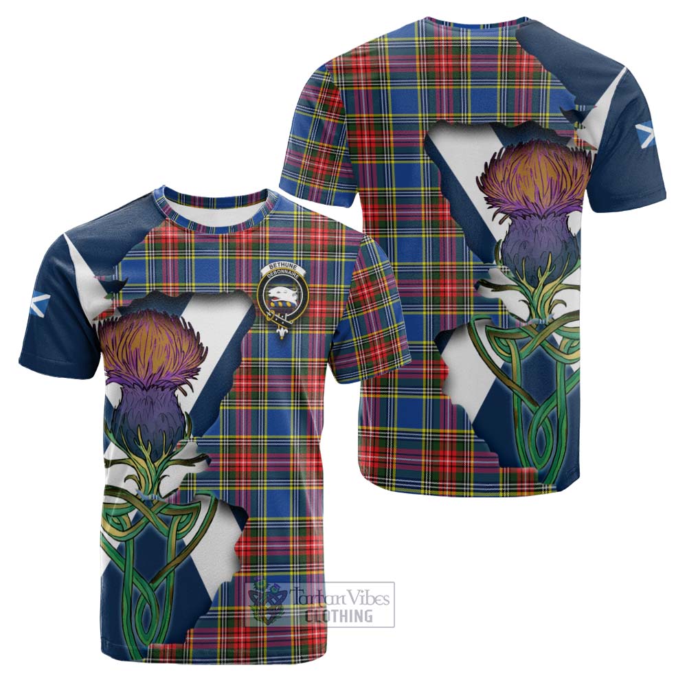 Tartan Vibes Clothing Bethune Tartan Family Crest Cotton T-shirt Scottish Thistle Celtic Inspired