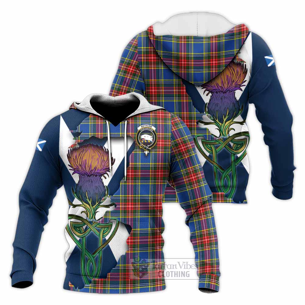 Tartan Vibes Clothing Bethune Tartan Family Crest Knitted Hoodie Scottish Thistle Celtic Inspired