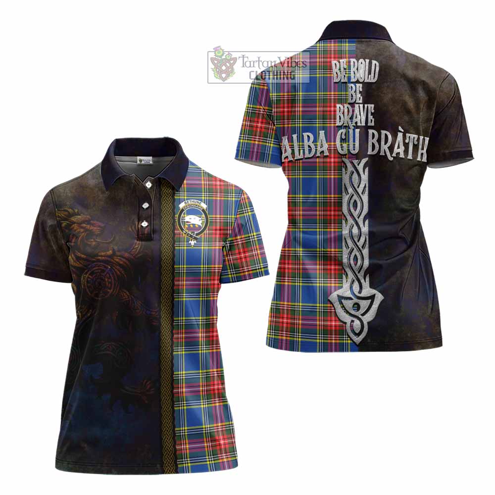 Tartan Vibes Clothing Bethune Tartan Family Crest Women's Polo Shirt Alba Gu Brath Be Brave Lion Ancient Style
