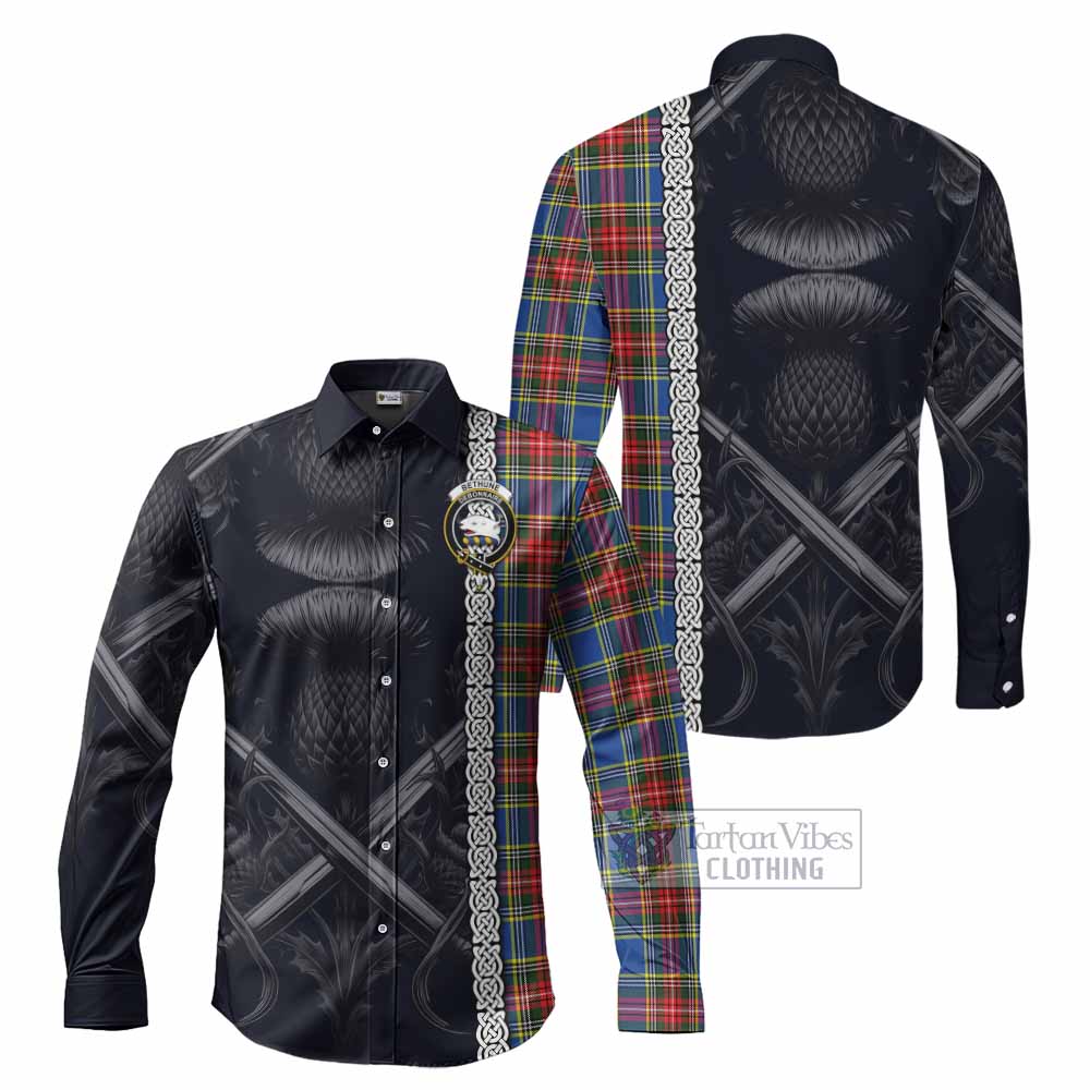 Tartan Vibes Clothing Bethune Tartan Long Sleeve Button Shirt with Family Crest Cross Sword Thistle Celtic Vibes