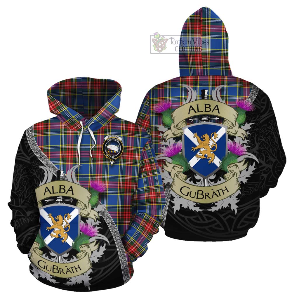Tartan Vibes Clothing Bethune Tartan Family Crest Cotton Hoodie Lion Rampant Royal Thistle Shield Celtic Inspired