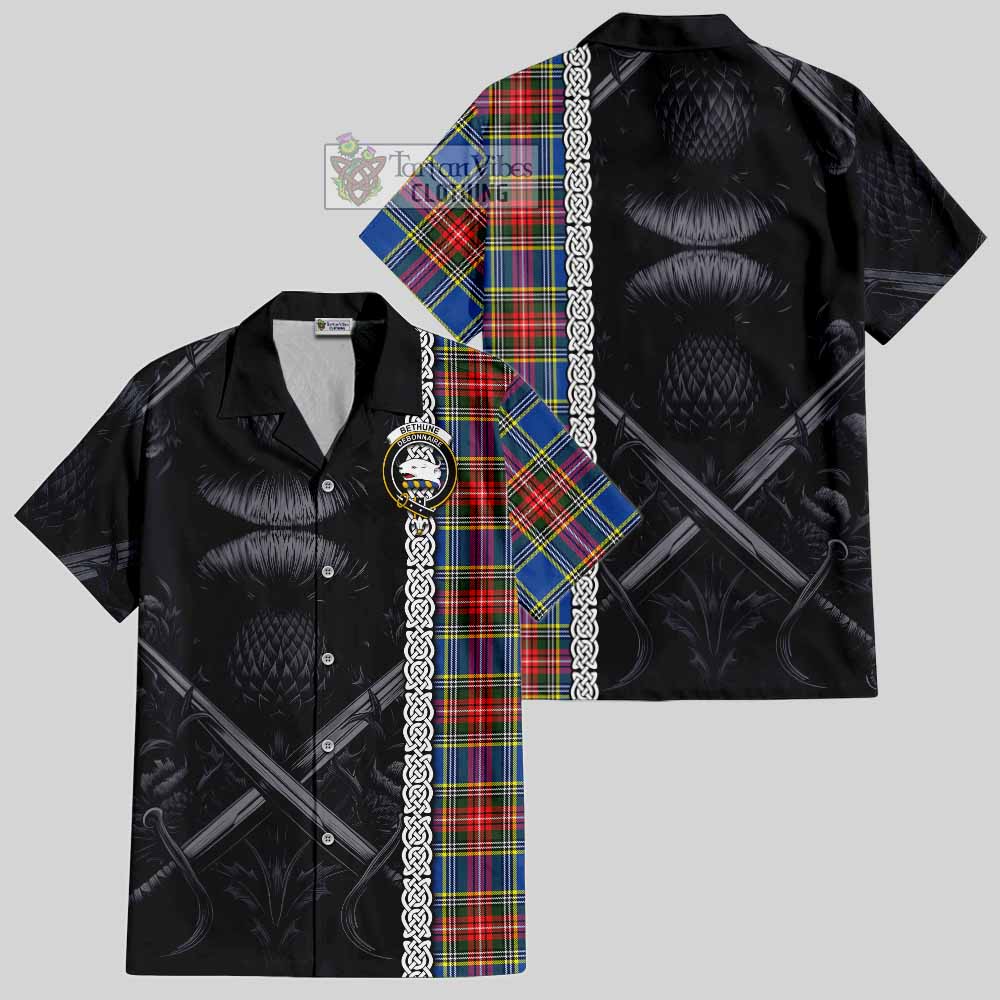 Tartan Vibes Clothing Bethune Tartan Short Sleeve Button Shirt with Family Crest Cross Sword Thistle Celtic Vibes