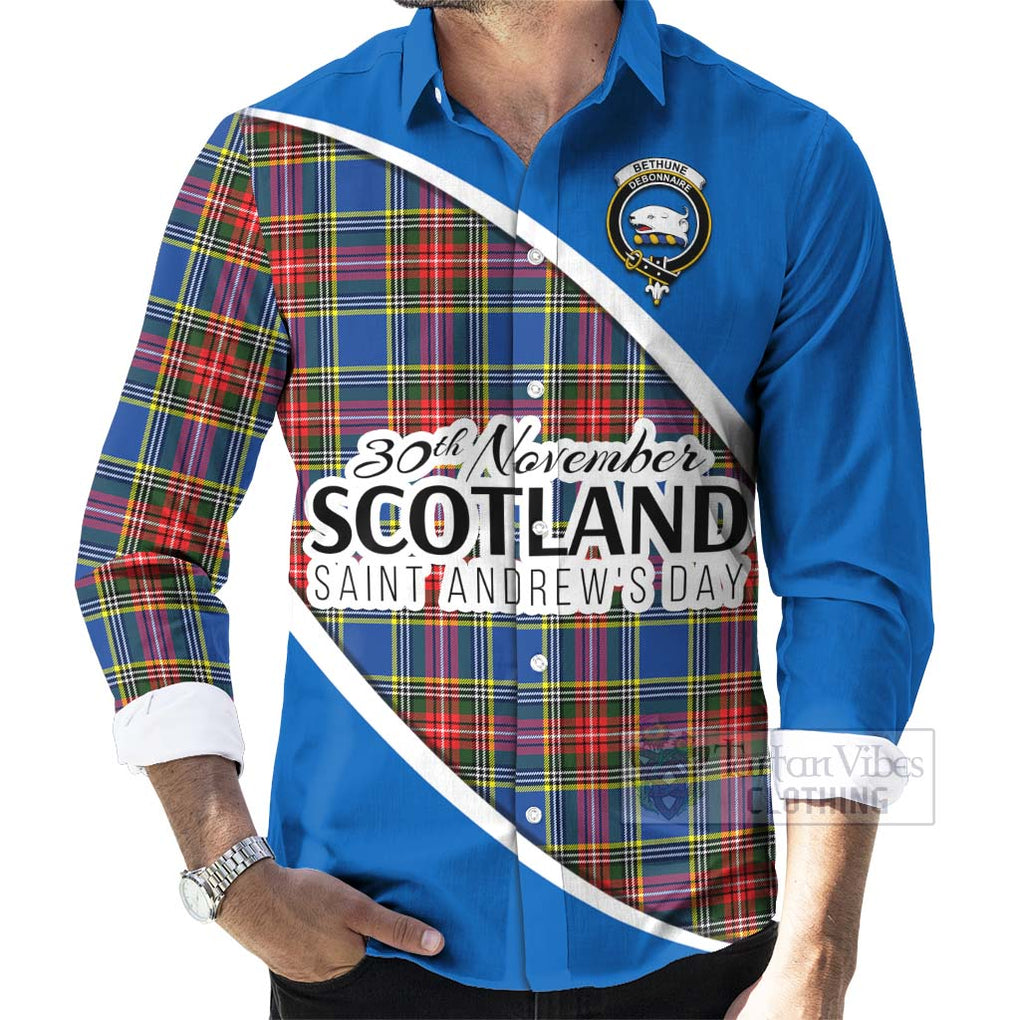 Tartan Vibes Clothing Bethune Family Crest Tartan Long Sleeve Button Shirt Celebrate Saint Andrew's Day in Style