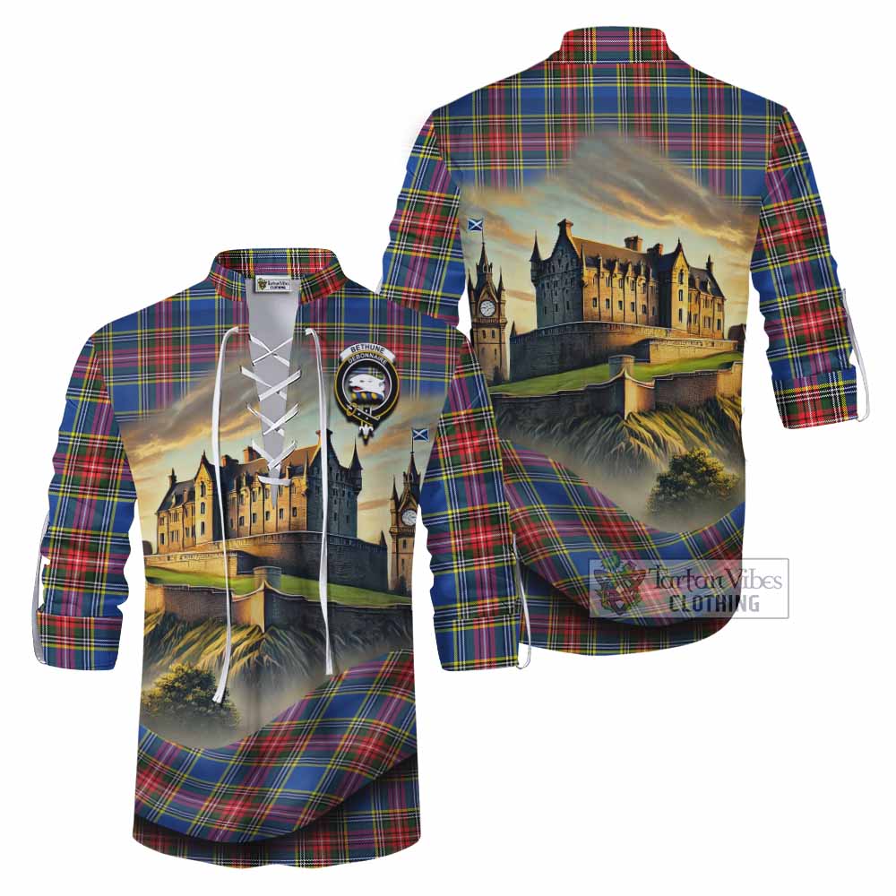 Tartan Vibes Clothing Bethune Tartan Family Crest Ghillie Kilt Shirt with Scottish Ancient Castle Style