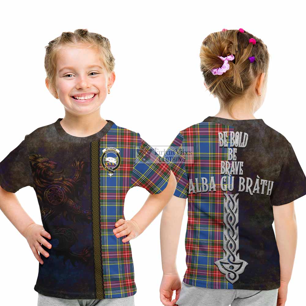 Tartan Vibes Clothing Bethune Tartan Family Crest Kid T-Shirt Alba Gu Brath Be Brave Lion Ancient Style
