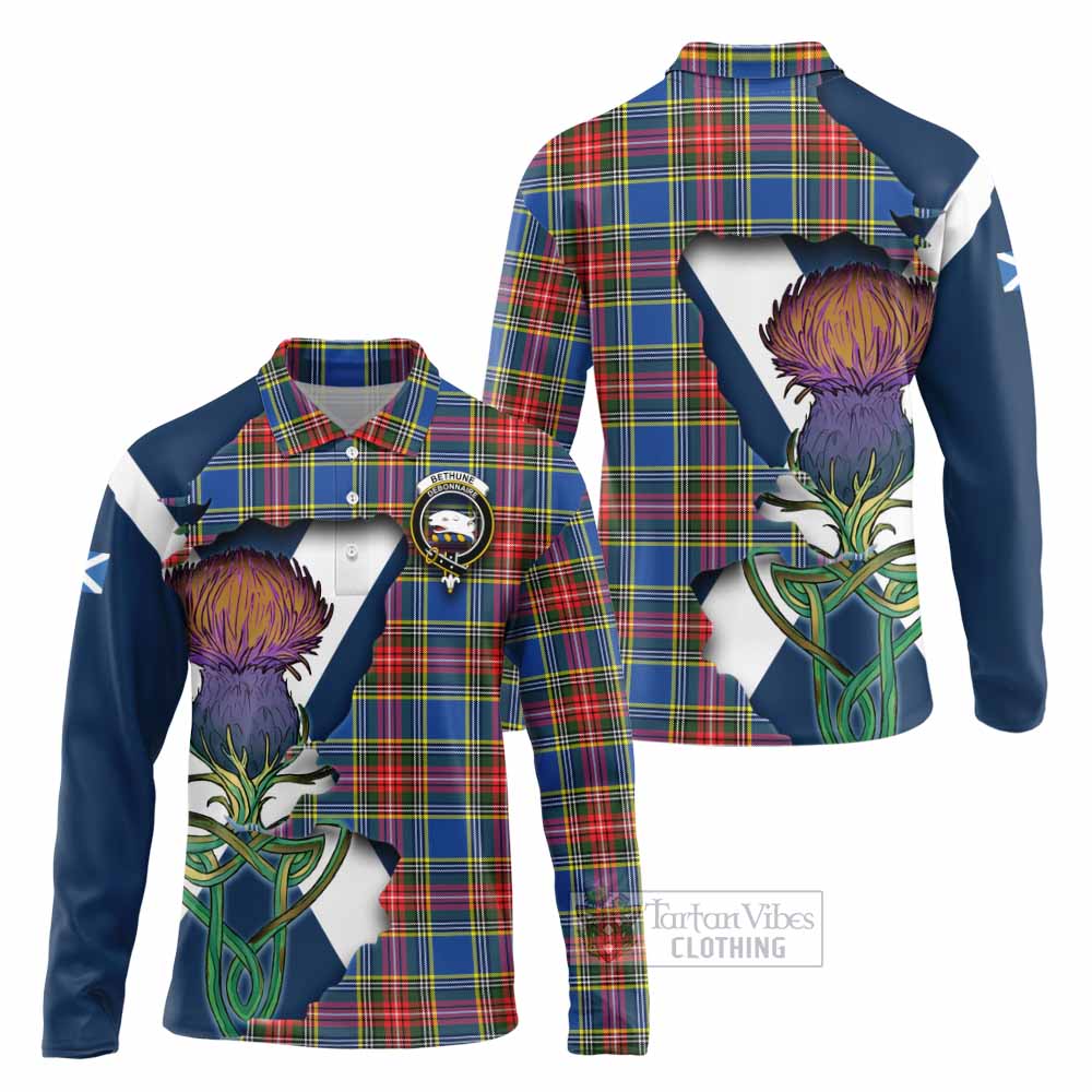 Tartan Vibes Clothing Bethune Tartan Family Crest Long Sleeve Polo Shirt Scottish Thistle Celtic Inspired