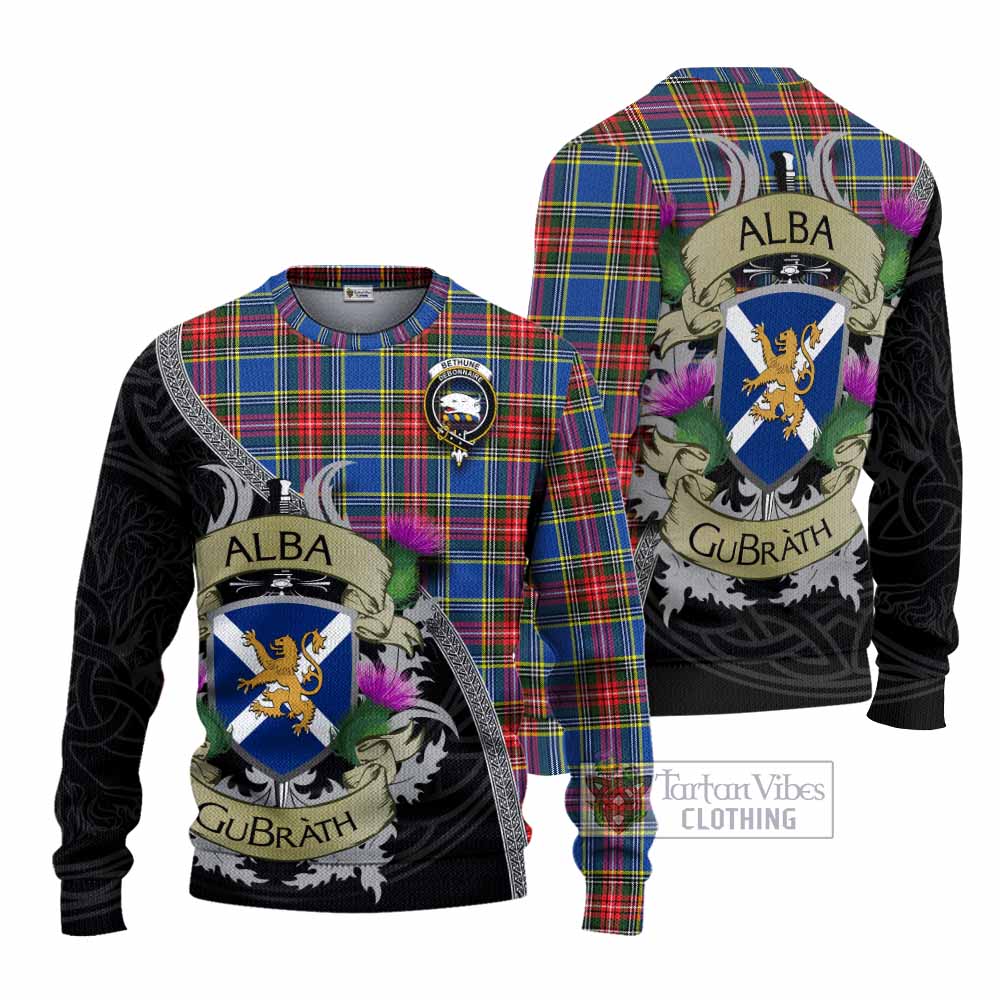 Tartan Vibes Clothing Bethune Tartan Family Crest Knitted Sweater Lion Rampant Royal Thistle Shield Celtic Inspired