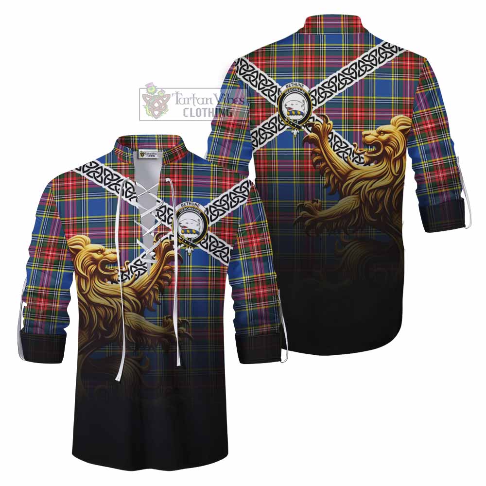 Tartan Vibes Clothing Bethune Crest Tartan Ghillie Kilt Shirt with Golden Lion Emblem Celtic Style