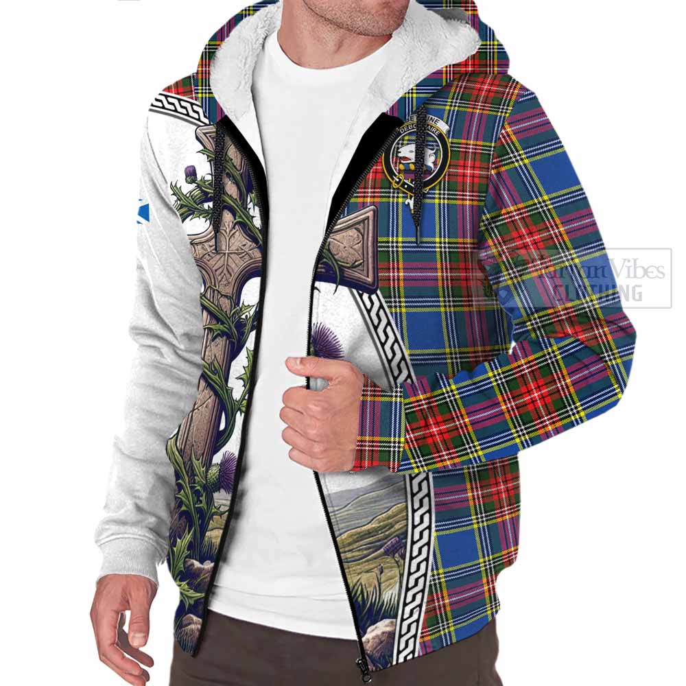 Tartan Vibes Clothing Bethune Tartan Sherpa Hoodie with Family Crest and St. Andrew's Cross Accented by Thistle Vines