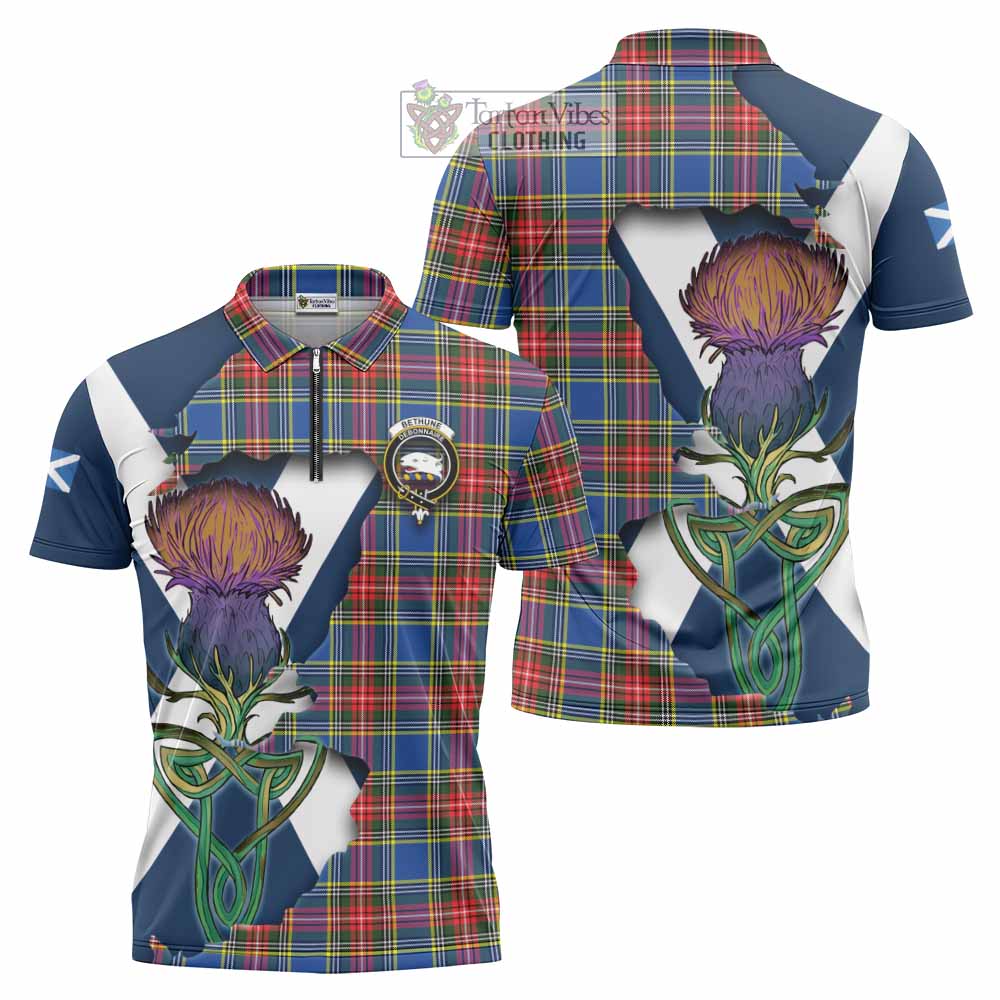 Tartan Vibes Clothing Bethune Tartan Family Crest Zipper Polo Shirt Scottish Thistle Celtic Inspired