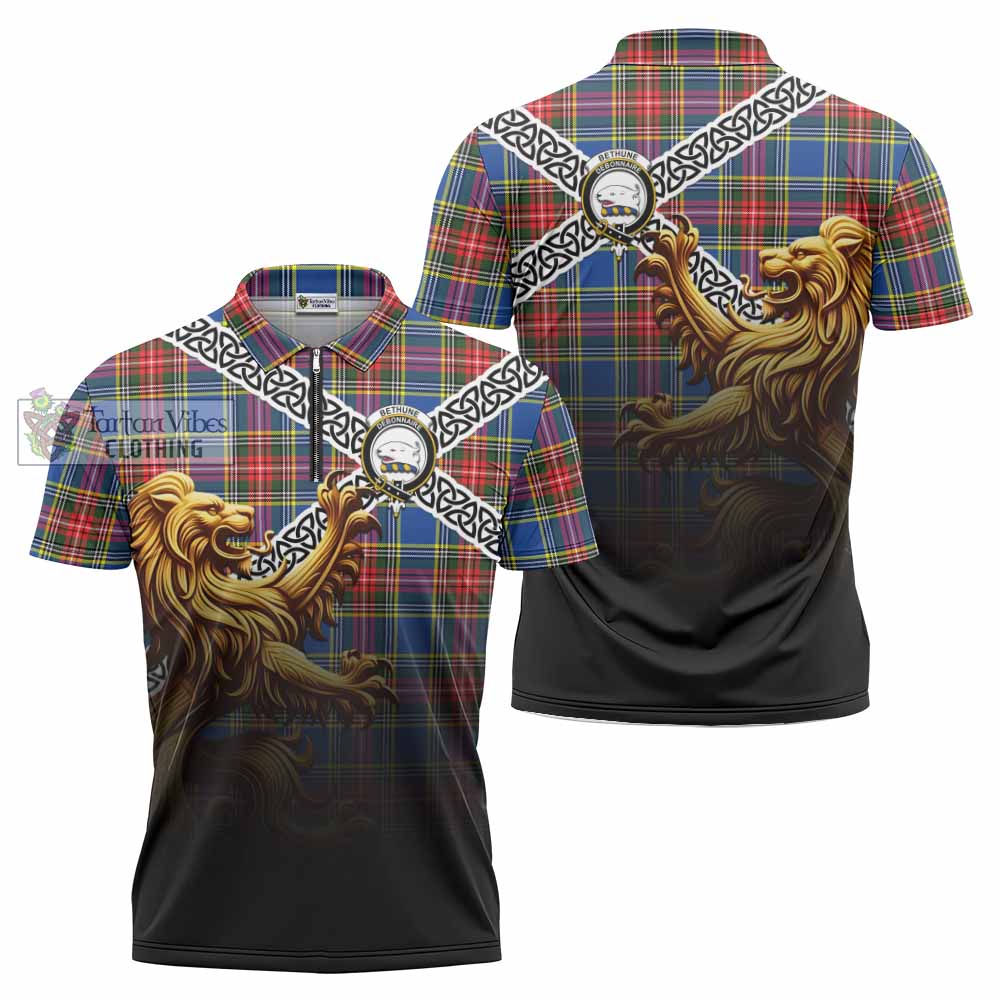 Tartan Vibes Clothing Bethune Crest Tartan Zipper Polo Shirt with Golden Lion Emblem Celtic Style