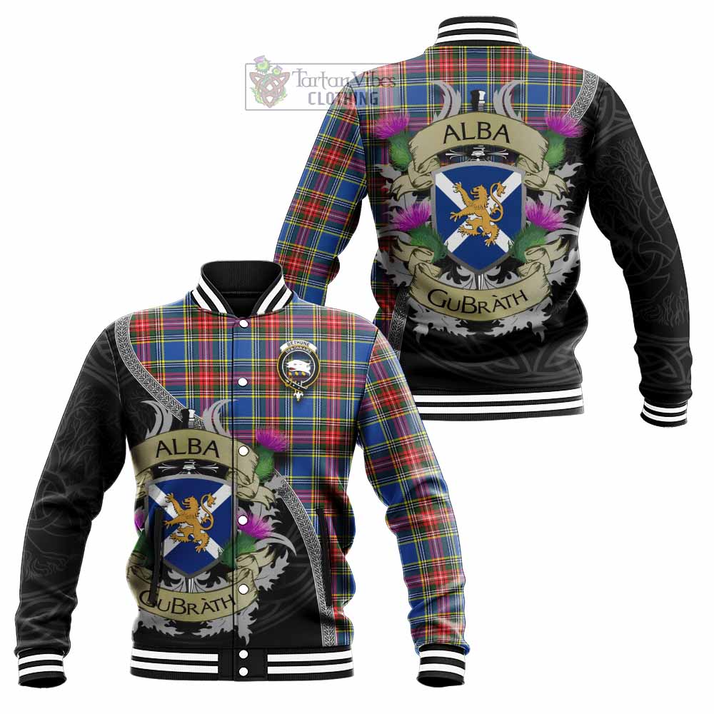 Tartan Vibes Clothing Bethune Tartan Family Crest Baseball Jacket Lion Rampant Royal Thistle Shield Celtic Inspired