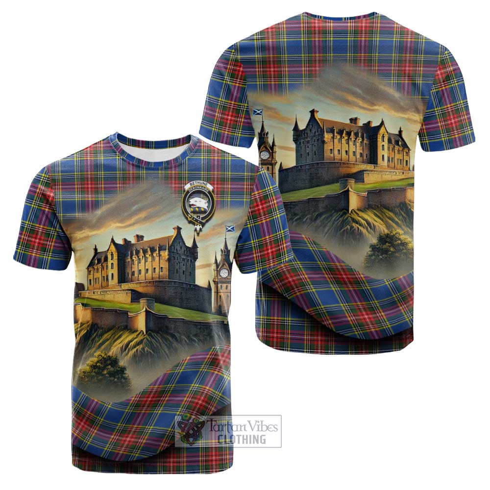 Tartan Vibes Clothing Bethune Tartan Family Crest Cotton T-shirt with Scottish Ancient Castle Style